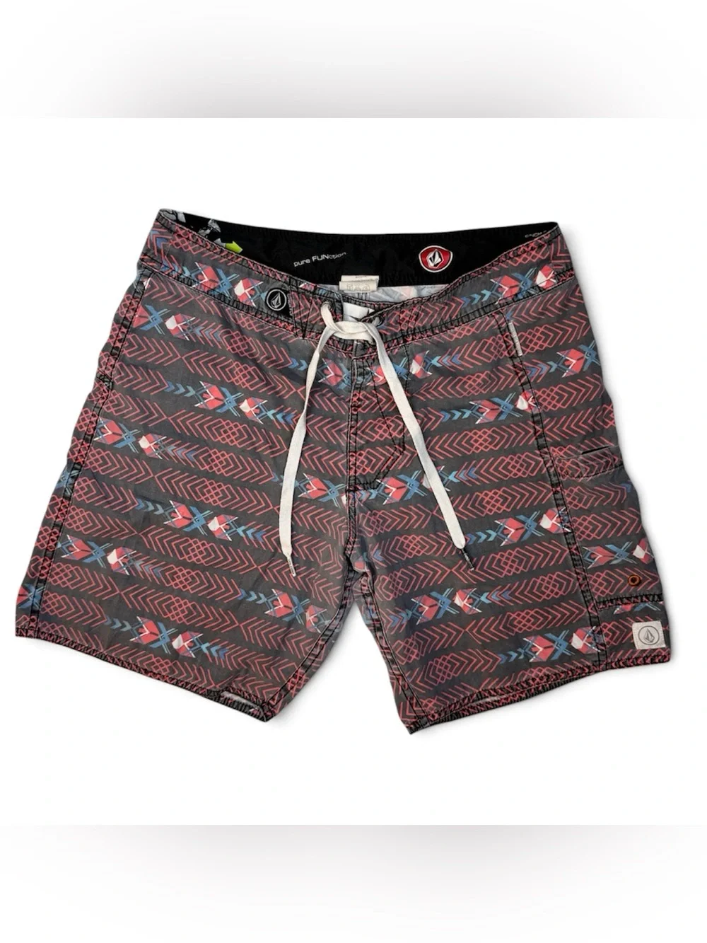 Y2K Volcom Cinch Fly Boardshorts Sz 29 Surf Geometric Print Swim Trunks Vintage